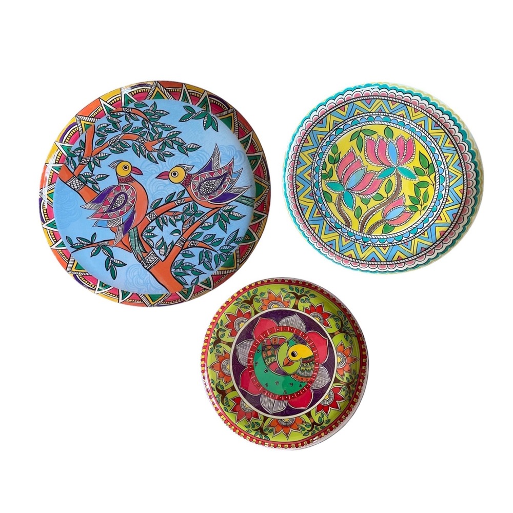 Madhubani Hand Painted Wall Hanging Plates Set of 3 Bird Floral Folk Art Decor